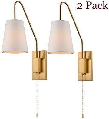 Modern Plated Brass Wall Sconces Fabric Shade Plug-in Bedroom Wall Lamp | Amazon (US)