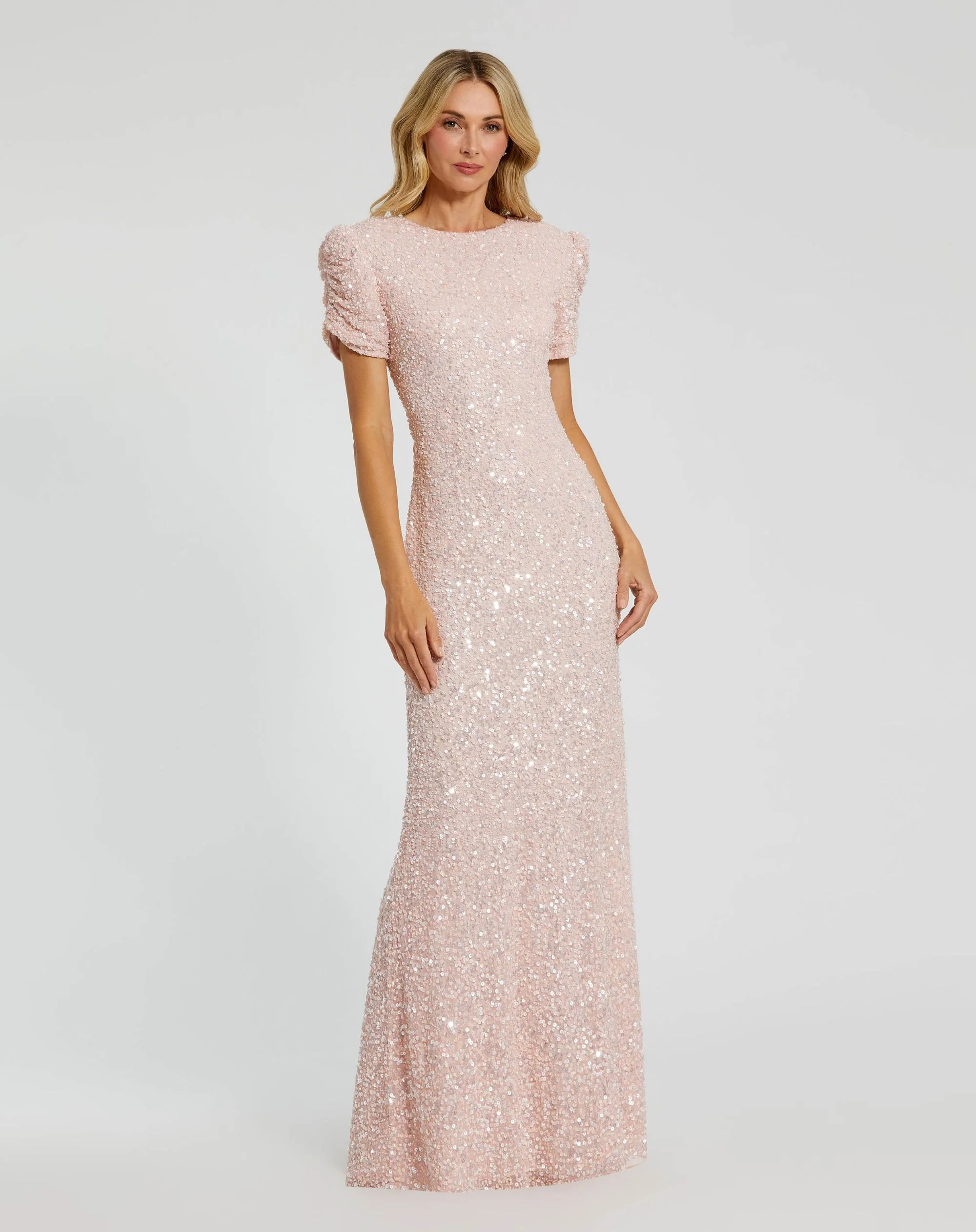 Petite Pink Gathered Short Sleeve Embellished Gown | Mac Duggal
