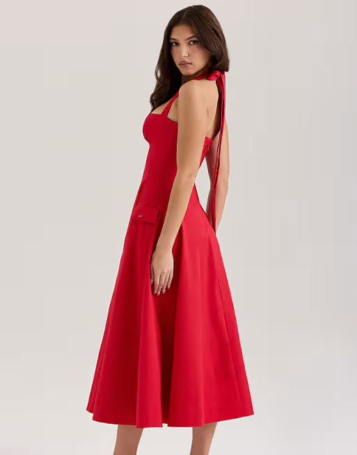 House of CB Claudia stretch cotton button halter neck midi dress in red | ASOS | ASOS (Global)