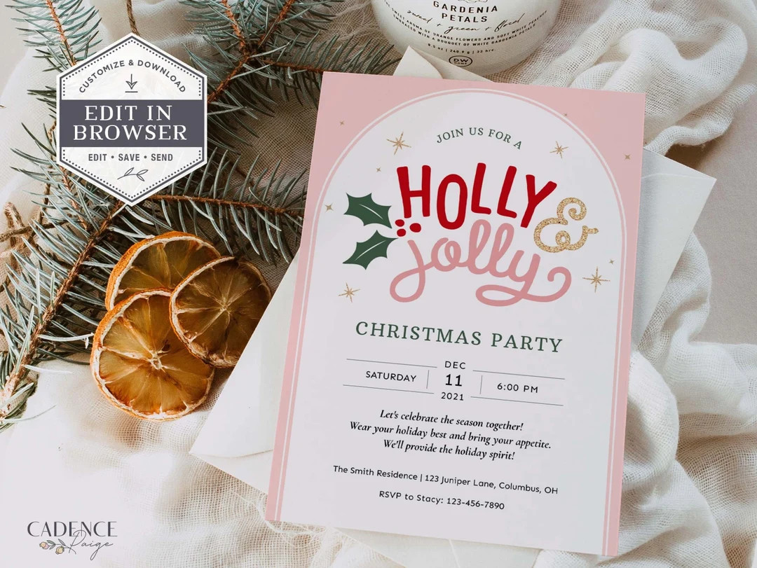 Boho Christmas Party Invite, Mod Holiday Party Invite, Retro Christmas Party, Pink Christmas Part... | Etsy (US)