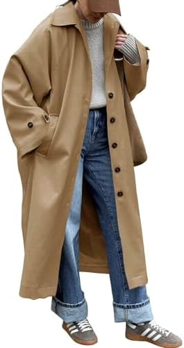 Tankaneo Womens Long Trench Coat Single Breasted Oversized Windproof Classic Lapel Fall Overcoat | Amazon (US)