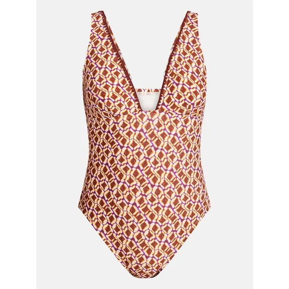Time and Tru Women's and Women's Plus Shell Stitch Plunge One-Piece Swimsuit, Sizes XS-3X | Walmart (US)