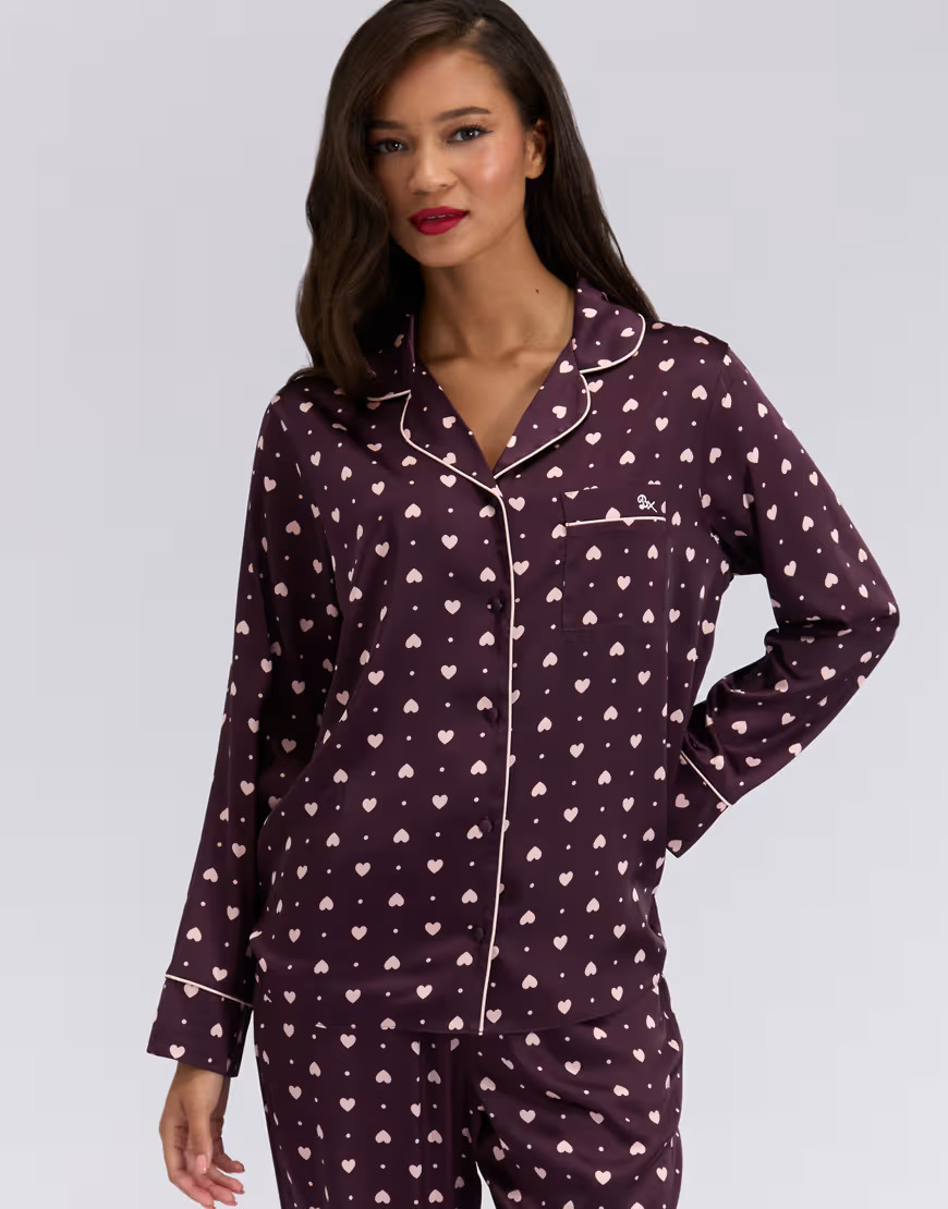 Boux Avenue Satin heart long sleeve top and pant pyjama set in blackberry-Auburn | ASOS (Global)
