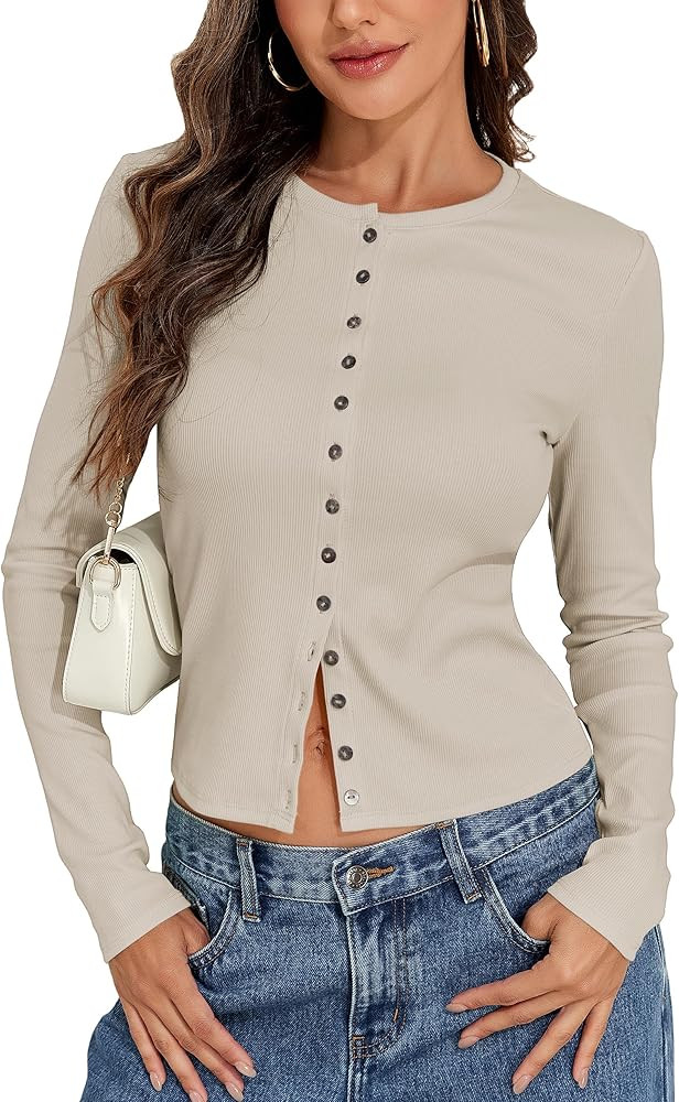 PrettyGuide Women's Long Sleeve Crop Tops Ribbed Cotton Button Down Cardigan Y2K Slim Fit Going O... | Amazon (US)