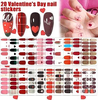 WOKOTO 20 Sheets Valentines Nail Polish Strips Full Nail Wraps for Women Nails Heart Nail Sticker... | Amazon (US)
