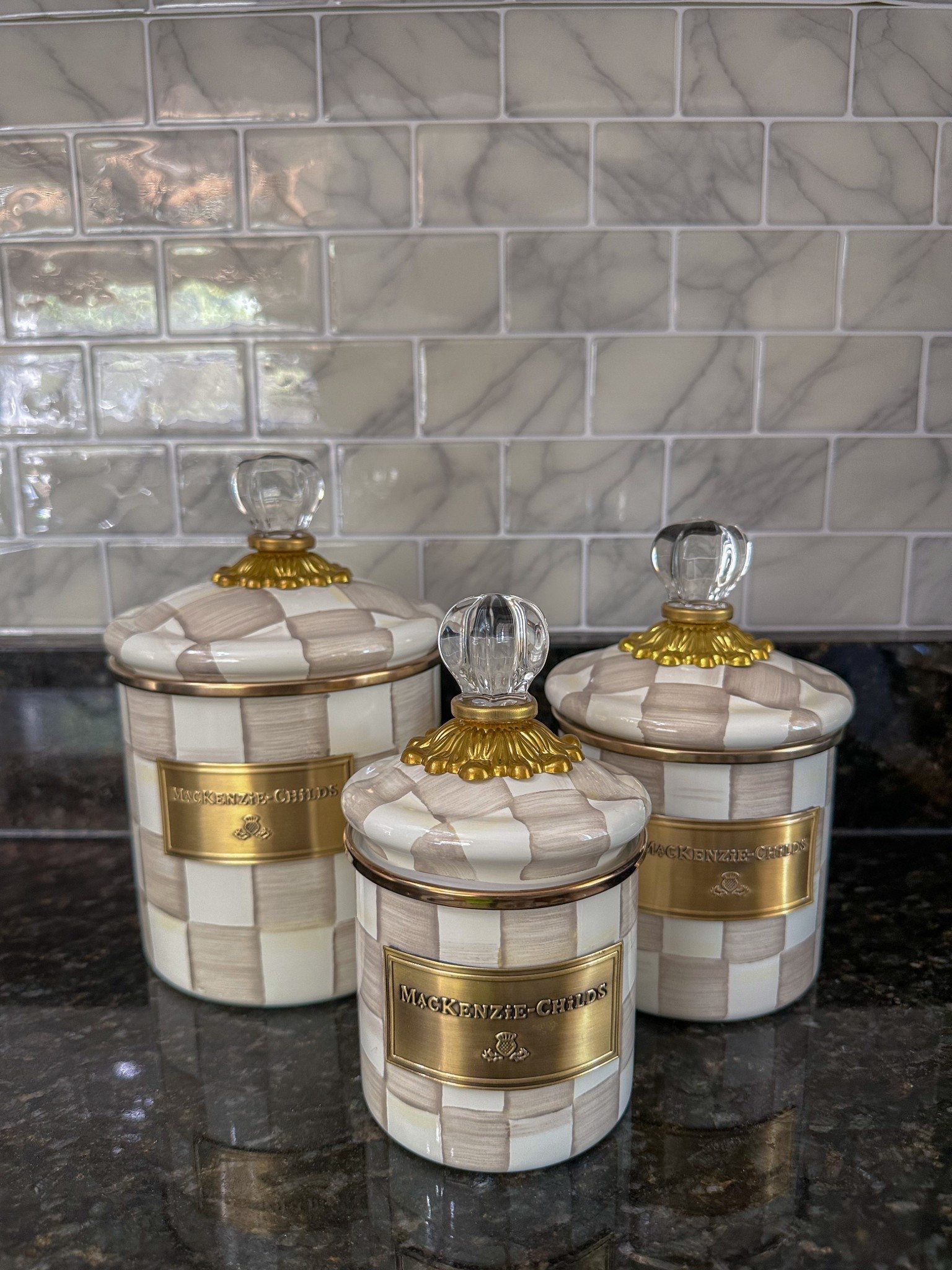 The new Mackenzie Childs canisters in small, demi and mini 