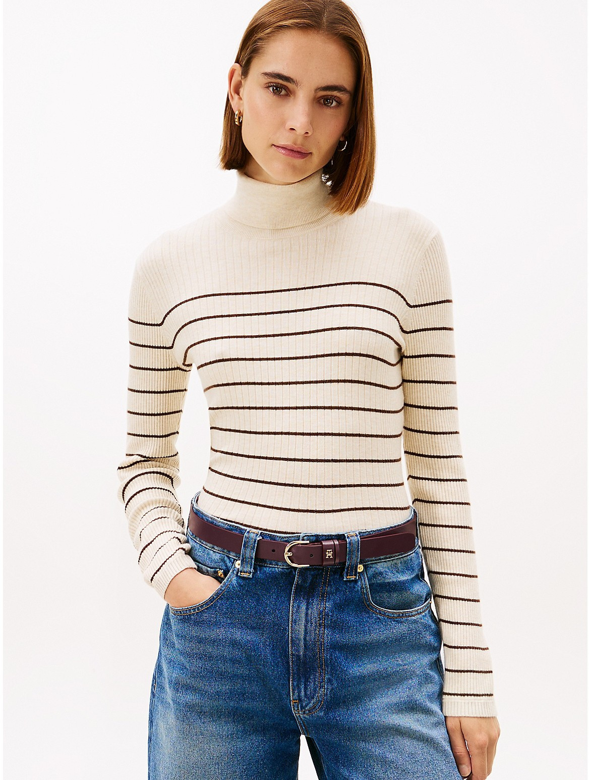 Tommy Hilfiger Women's Stripe Rib-Knit Turtleneck Sweater - Beige - L | Tommy Hilfiger (US)