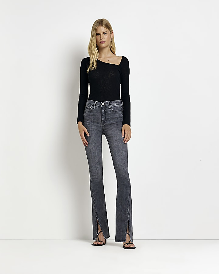 Grey mid rise split hem slim jeans | River Island (UK & IE)
