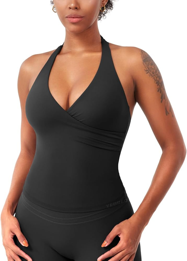 YEOREO CoreFlex Womens Halter Tank Tops Workout Impact Longline Strappy Top Padded Deep V Neck Wr... | Amazon (US)