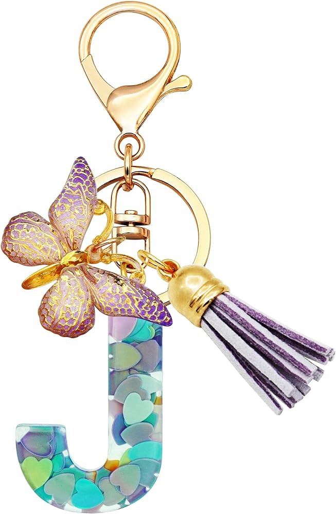 Initial Letter Keychains for Girls Women Pink Purple Green Cute Butterfly Heart Keychain for Back... | Amazon (US)