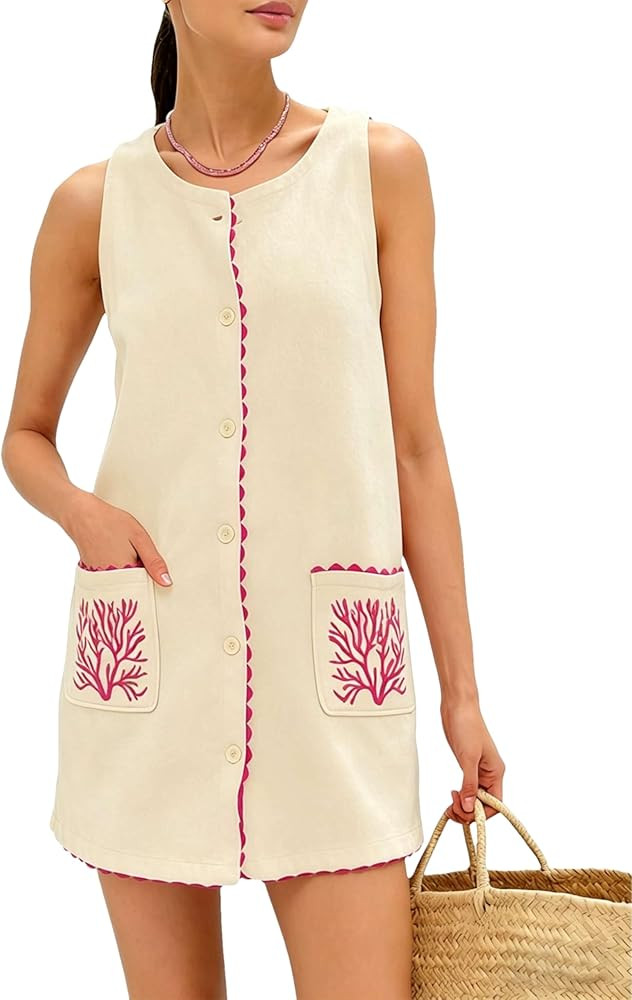 Sleeveless Mini Dress for Women Faux Suede Soft Cover Up with Button Front Summer Casual Embroide... | Amazon (US)