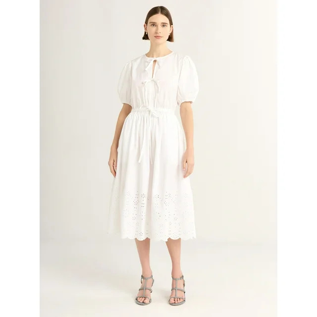 Free Assembly Women's and Women's Plus Tie Front Cotton Eyelet Midi Dress with Short Puff Sleeves... | Walmart (US)