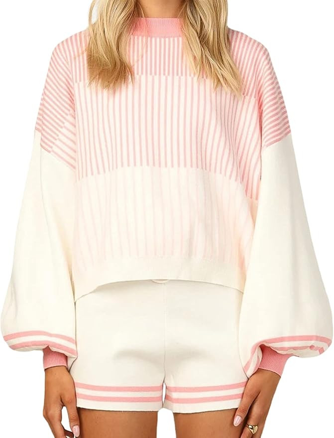 Arssm Casual Striped 2 Piece Outfits for Women Crewneck Knit Pullover Sweater and Short Set(White... | Amazon (US)