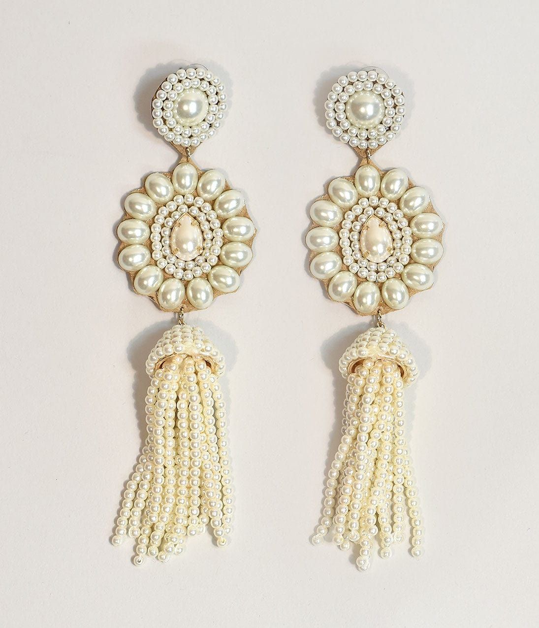 Ivory Pearls & Leather Drop Fringe Earrings | UniqueVintage
