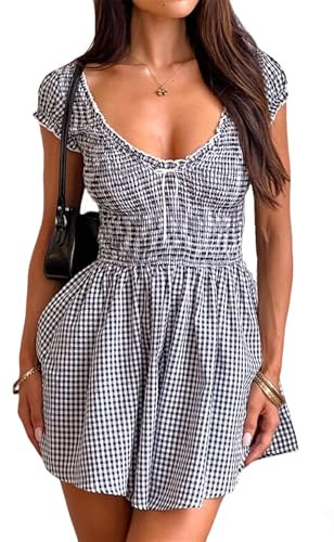 Amazon.com: Chunersha Summer Cute Western Gingham Shorts Romper Women Casual Easter Plaid Smocked... | Amazon (US)