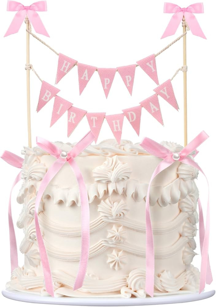 Honeydak 11 Pcs Pink Bow Ribbon Cake Topper Happy Birthday Cake Bunting Topper with Wood Pole Han... | Amazon (US)