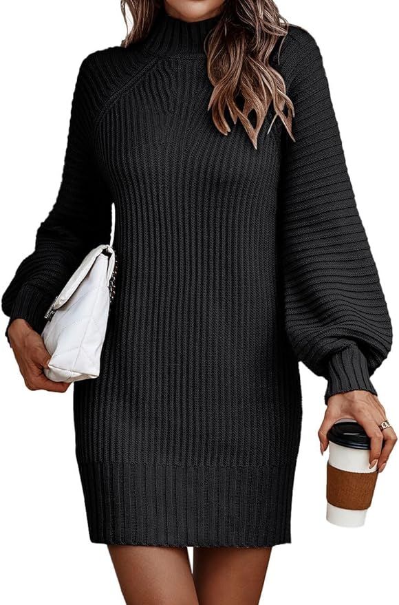 LILLUSORY Women's Mock Neck Pullover Sweater Dress Lantern Sleeve Ribbed Knit Tunic Sweater | Amazon (US)