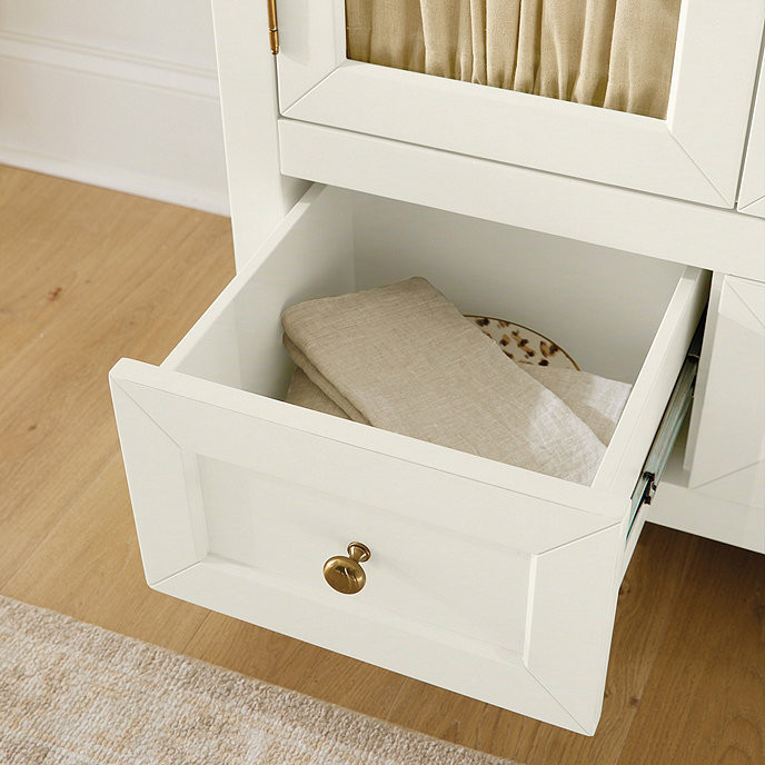 Nora Storage Cabinet Tall White with Glass Doors & Curtains | Ballard Designs, Inc.