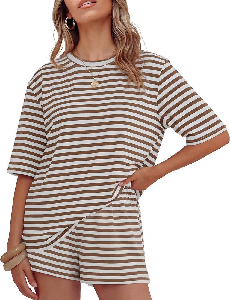 Womens Summer 2 Piece Short Sets Striped Oversized Matching Lounge Airport Travel Workout Beach V... | Amazon (US)