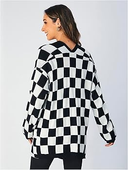 SOLY HUX Women's Long Sleeve Oversized Sweater Checkered Cardigan Open Front Outerwear Tops | Amazon (US)
