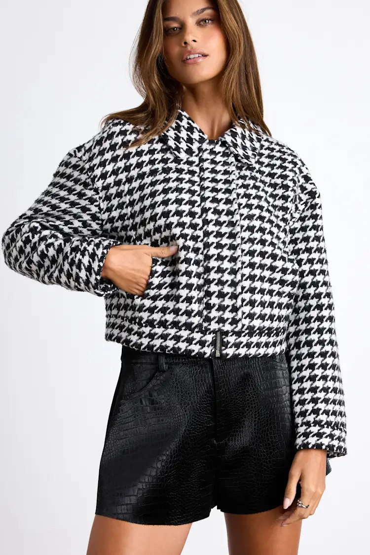 Bexlee Black and White Houndstooth Cropped Bomber Jacket | Lulus