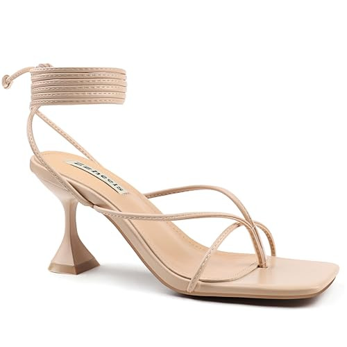 Zzheels Women's Lace Up Heels for Women Strappy Chunky Heels Square Toe Tie Up Sandals Nude US10.5 | Amazon (US)
