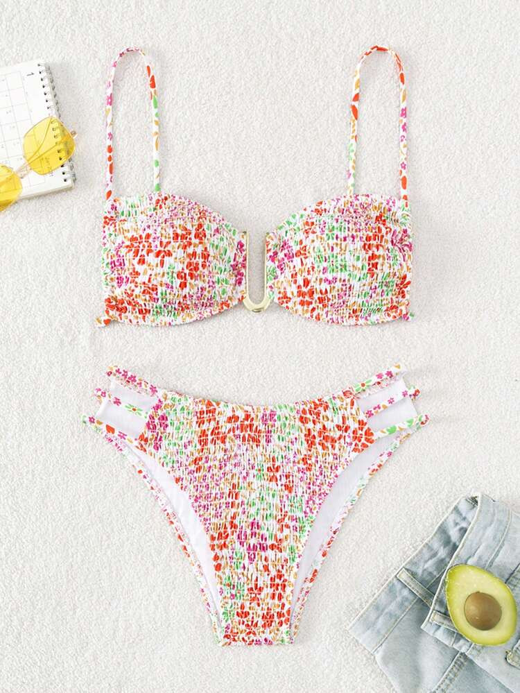 Ditsy Floral Print Cut Out Push Up Bikini Swimsuit | SHEIN