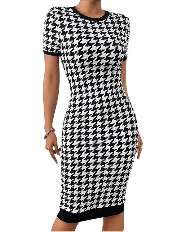 SOLY HUX Women's Houndstooth Print Short Sleeve Bodycon Dress Elegant Party Cocktail Dresses | Amazon (US)