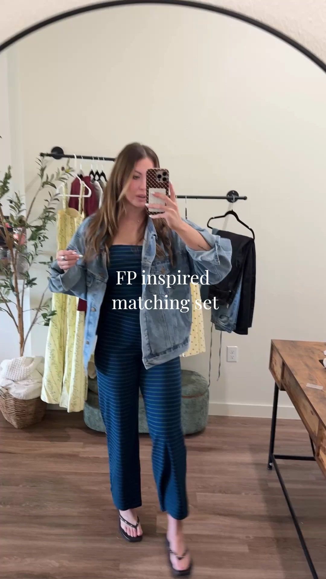 Mom ootd im wearing a small in the set and medium in the oversized denim jacket 