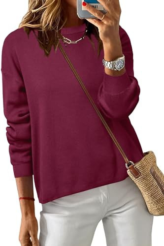 Arach&Cloz Women's Cotton Crew Neck Spring Winter Fashion Cozy Casual Vacation Basic Sweater Going Out Layering Tops Blouses Christmas Long Sleeve Clothes 2026 Burgundy M | Amazon (US)