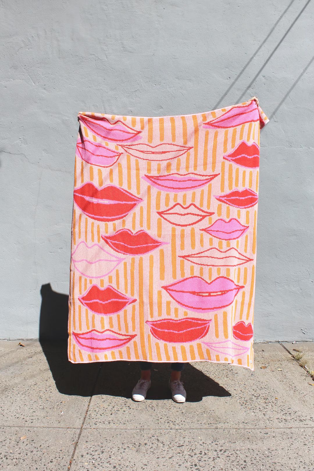 Lips, Kisses, and Stripes Knit Blanket - Pink, Red, Blush, and Yellow - Home Decor - Birthday Kis... | Etsy (US)