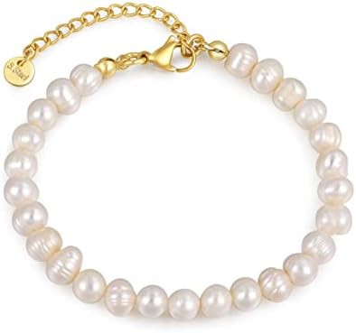Crystal Vibe White Freshwater Pearl Bracelets for Women - Pearl Bracelet with Adjustable Golden C... | Amazon (US)