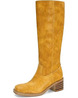 DOEYG Women's Banana Knee High Boots Square Toe Chunky Block Heel Tall Boots Wide Calf Fashion Co... | Amazon (US)