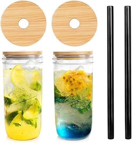 Wide Mouth Mason Jar Lids, Mason Jar Drinking Glasses 24 OZ, Set of 2 mason jar cups with lids an... | Amazon (US)
