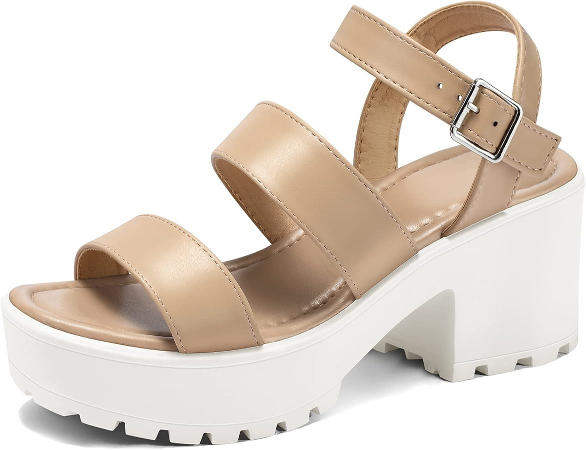 mysoft Women's Platform Sandals Ankle Strap Open Toe Lug Sole 3 Inch Chunky Block Heeled Sandals | Amazon (US)