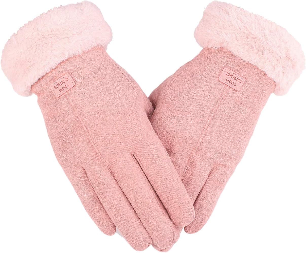 F Flammi Women Winter Suede Gloves Fur Cuffs Touchscreen Gloves Soft Warm Fleece Lined Gloves | Amazon (US)