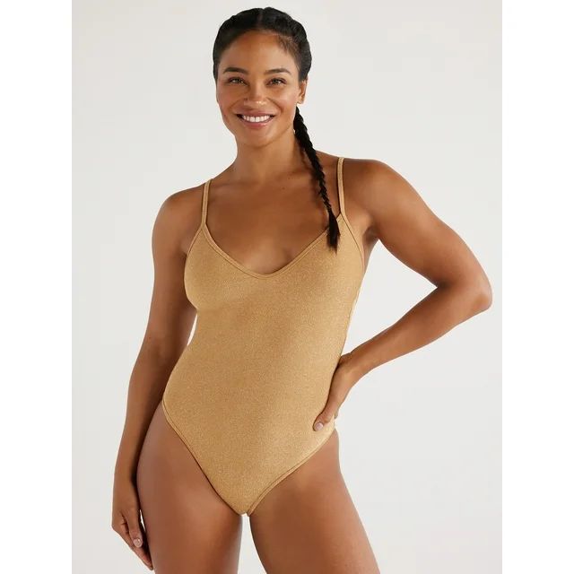 Love & Sports Women's Metallic V-Neck One-Piece Swimsuit with Adjustable Straps, Fawn Beige, Size... | Walmart (US)
