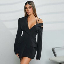 Fall Women Clothes,Women's Black Asymmetric Collar Long Sleeve Elegant Blazer Cut-Out Dress With Strap Details, Spring And Autumn. For Everyday Wear, | SHEIN