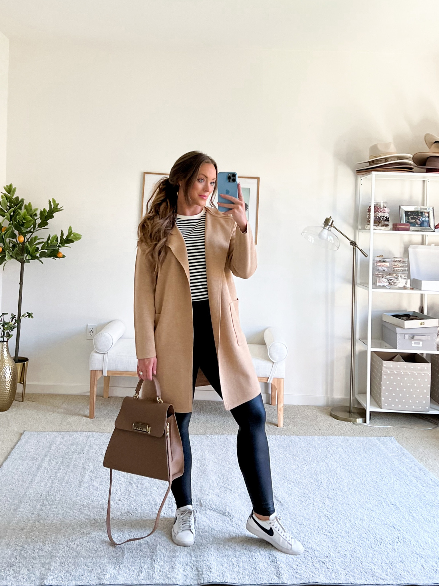 Fall capsule wardrobe. Camel cardigan, spanx faux leather leggings, black loafers, Gucci handbag, all black outfit, workwear, fall work wear, office outfit, easy outfit, Brittany Ann Courtney, airport outfit, travel outfit 

#LTKSeasonal #LTKstyletip #LTKworkwear