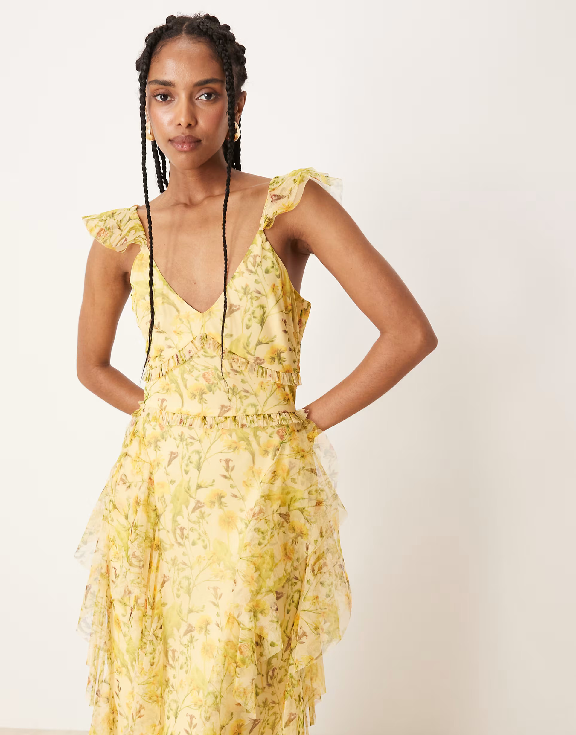 Lace & Beads ruffle midaxi tulle dress in yellow floral | ASOS (Global)
