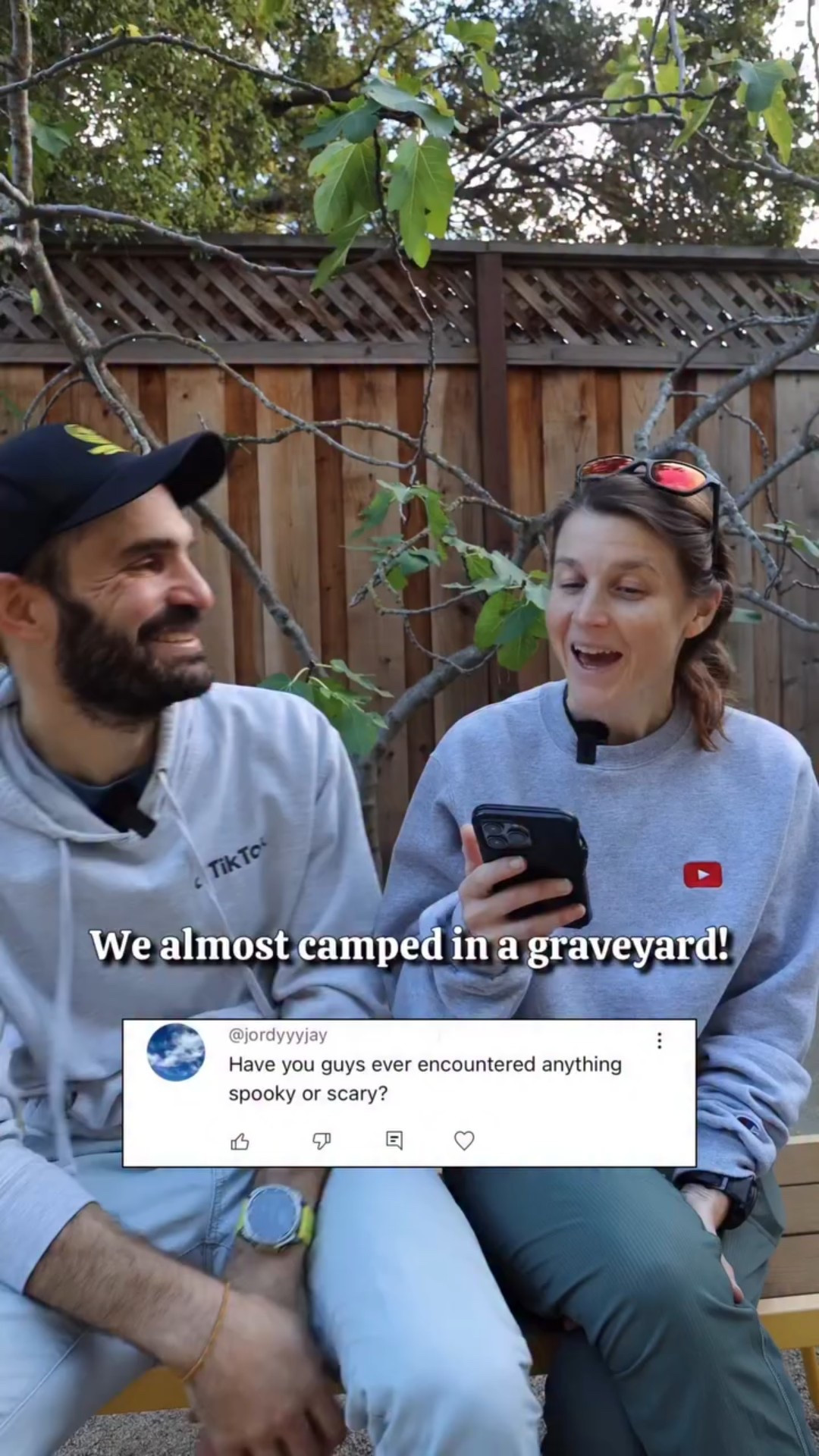 Help us settle this: Would you camp in an abandoned graveyard?

Renee’s POV: This is the day I learned that Tim, a grown-a** man, is scared of ghosts.

Tim’s POV: I don’t believe in ghosts, I’m a grown-a** man! But yes, I’m afraid of them. Who isn’t!?