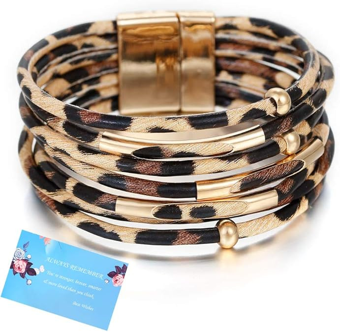 Celokiy Leopard Bracelet for Women Cheetah Print Boho Pipe Charm Multilayer Wide Leather Wrap Bra... | Amazon (US)
