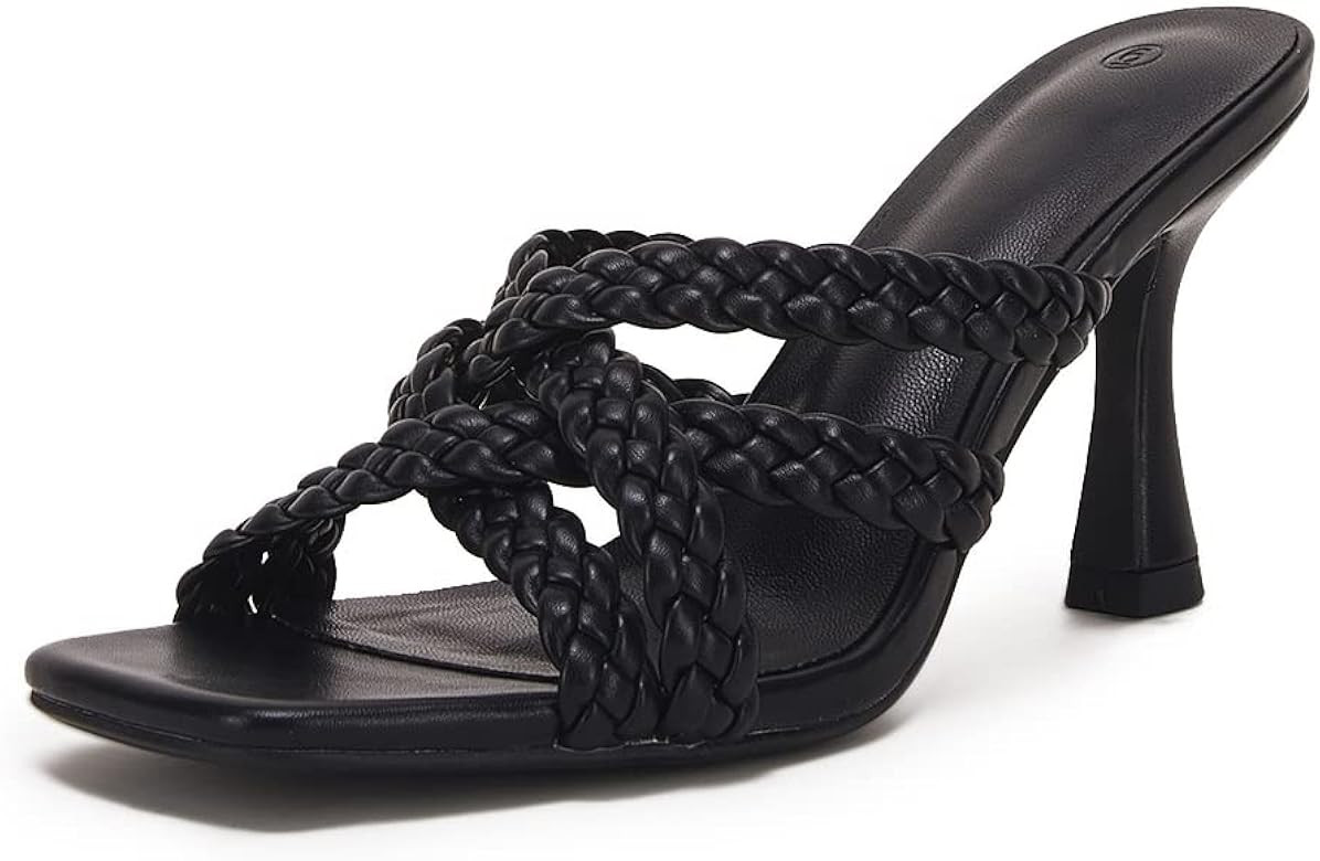 Omysky Womens Braided Heeled Sandals Square Open Toe Cross Straps Backless Mules Slip On Slide Shoes | Amazon (US)
