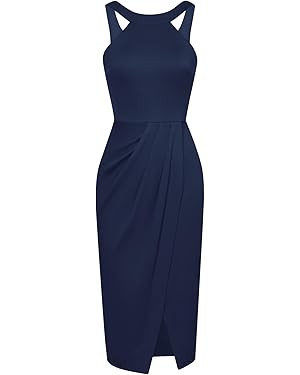 GRACE KARIN Women's Halterneck Sleeveless Ruched Bodycon Slit Wrap Party Cocktail Midi Dress | Amazon (US)