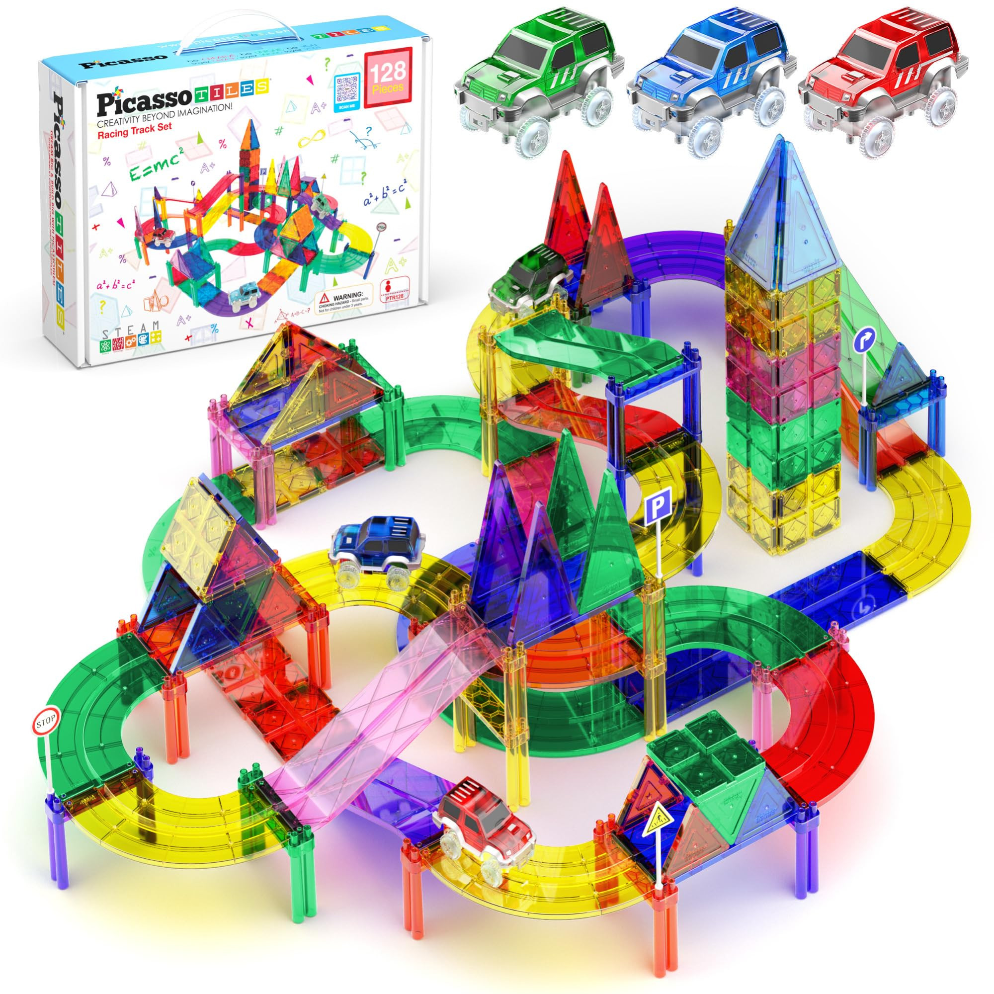 PicassoTiles 128pcs Magnetic Race Car Track Building Block Educational Toy Set Tiles Magnet Plays... | Amazon (US)