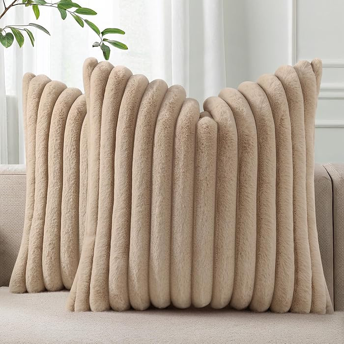 Pallene Faux Fur Plush Throw Pillow Covers 18x18 Set of 2, Luxury Soft Fluffy Striped Decorative ... | Amazon (US)