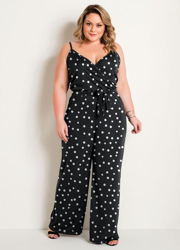 Marguerite - Macacão Pantalona Poá Preto Plus Size | Posthaus (BR)
