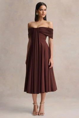 Dearest | Brown Bardot-Neck Midi Dress | Club L London
