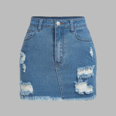 Ripped Raw Hem Denim Skirt | SHEIN