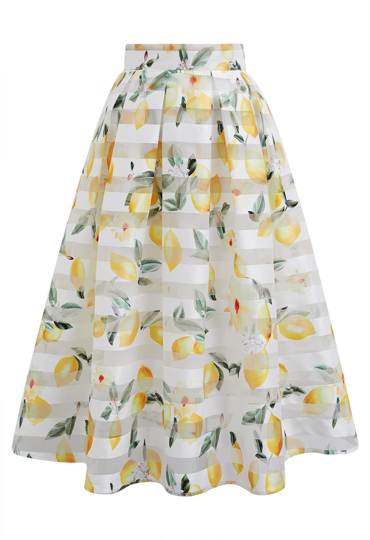 Lemon Printed Stripe Jacquard Organza Midi Skirt | Chicwish